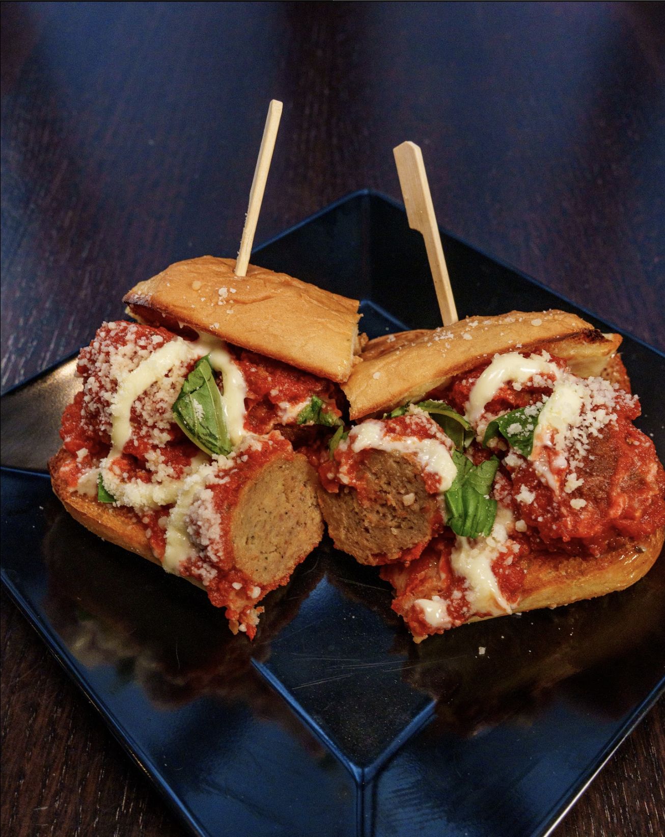 Meatball sub with basil and pecorino